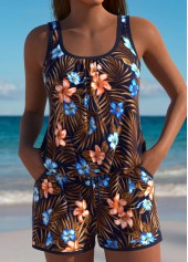 Floral Print Dark Coffee One Piece Swimwear