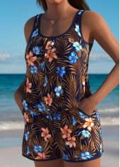 Floral Print Dark Coffee One Piece Swimwear
