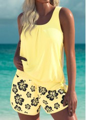 Mid Waisted Floral Print Light Yellow Tankini Set