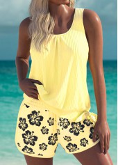 Mid Waisted Floral Print Light Yellow Tankini Set