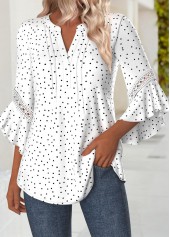 Polka Dot Multi Color 3/4 Sleeve Split Neck Blouse