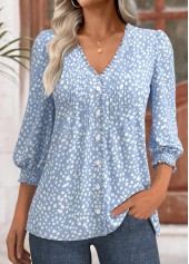 Polka Dot Light Blue 3/4 Sleeve V Neck Blouse