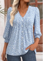 Polka Dot Light Blue 3/4 Sleeve V Neck Blouse