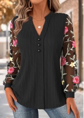 Floral Print Black Long Sleeve Asymmetrical Neck Blouse
