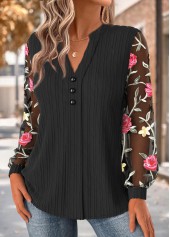 Floral Print Black Long Sleeve Asymmetrical Neck Blouse