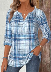 Plaid Light Blue Long Sleeve Split Neck Shirt