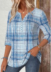 Plaid Light Blue Long Sleeve Split Neck Shirt