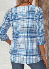 Plaid Light Blue Long Sleeve Split Neck Shirt