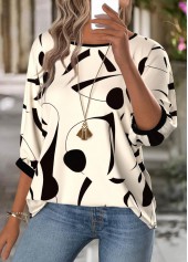 Geometric Print Beige 3/4 Sleeve Round Neck Blouse