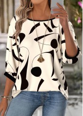 Geometric Print Beige 3/4 Sleeve Round Neck Blouse