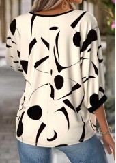 Geometric Print Beige 3/4 Sleeve Round Neck Blouse