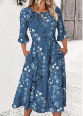 Floral Print Peacock Blue 3/4 Sleeve Round Neck Dress