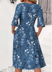 Floral Print Peacock Blue 3/4 Sleeve Round Neck Dress