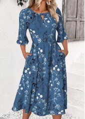 Floral Print Peacock Blue 3/4 Sleeve Round Neck Dress