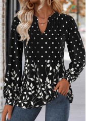 Leaf Print Black Long Sleeve Split Neck Blouse