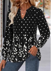 Leaf Print Black Long Sleeve Split Neck Blouse