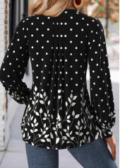 Leaf Print Black Long Sleeve Split Neck Blouse
