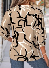 Geometric Print Light Camel 3/4 Sleeve Split Neck Blouse