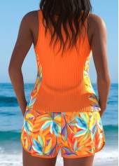 Mid Waisted Leaf Print Orange Tankini Set
