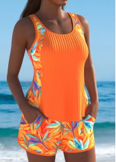 Mid Waisted Leaf Print Orange Tankini Set