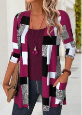Geometric Print Dark Reddish Purple Long Sleeve Light Cardigan
