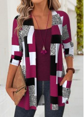 Geometric Print Dark Reddish Purple Long Sleeve Light Cardigan