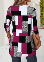 Geometric Print Dark Reddish Purple Long Sleeve Light Cardigan