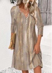 Light Coffee Short 3/4 Sleeve Split Neck Dress