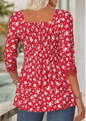 Ditsy Floral Print Red Long Sleeve Square Neck Blouse