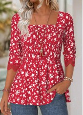Ditsy Floral Print Red Long Sleeve Square Neck Blouse