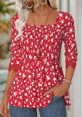 Ditsy Floral Print Red Long Sleeve Square Neck Blouse