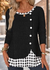 Plaid Black Long Sleeve Round Neck T Shirt