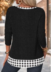 Plaid Black Long Sleeve Round Neck T Shirt
