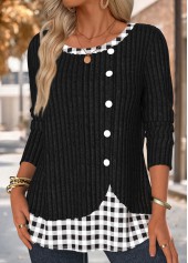 Plaid Black Long Sleeve Round Neck T Shirt