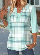 Plaid Mint Green 3/4 Sleeve T Shirt