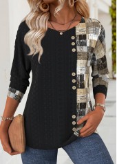 Geometric Print Black Long Sleeve Round Neck T Shirt