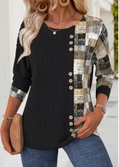 Geometric Print Black Long Sleeve Round Neck T Shirt