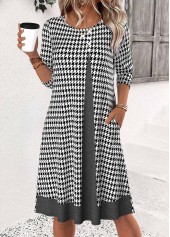 Plaid Black 3/4 Sleeve Round Neck Dress