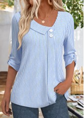 Striped Blue 3/4 Sleeve Asymmetrical Neck Blouse