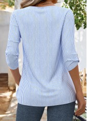 Striped Blue 3/4 Sleeve Asymmetrical Neck Blouse