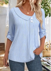 Striped Blue 3/4 Sleeve Asymmetrical Neck Blouse