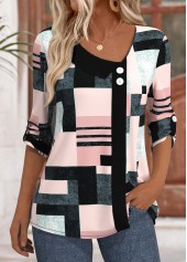 Geometric Print Pink 3/4 Sleeve Asymmetrical Neck Blouse