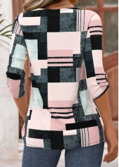 Geometric Print Pink 3/4 Sleeve Asymmetrical Neck Blouse