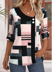 Geometric Print Pink 3/4 Sleeve Asymmetrical Neck Blouse