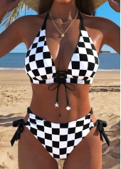 Mid Waisted Plaid Black Bikini Set