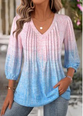 Ombre Multi Color 3/4 Sleeve V Neck Blouse