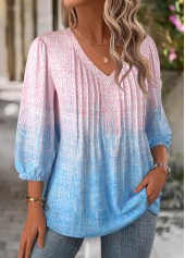 Ombre Multi Color 3/4 Sleeve V Neck Blouse