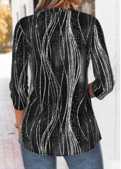 Geometric Print Black 3/4 Sleeve Split Neck Blouse