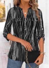 Geometric Print Black 3/4 Sleeve Split Neck Blouse