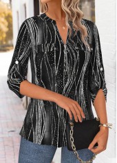 Geometric Print Black 3/4 Sleeve Split Neck Blouse
